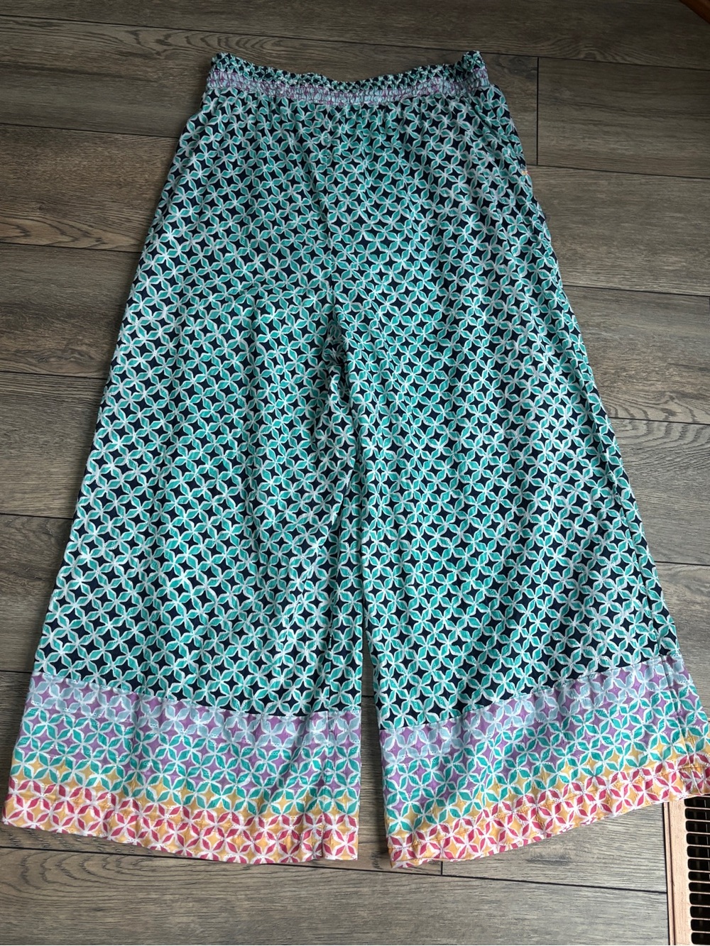 Anthropologie Wide Leg Boho Drawstring Cotton Pants Turquoise White Sz Large - Picture 12 of 13